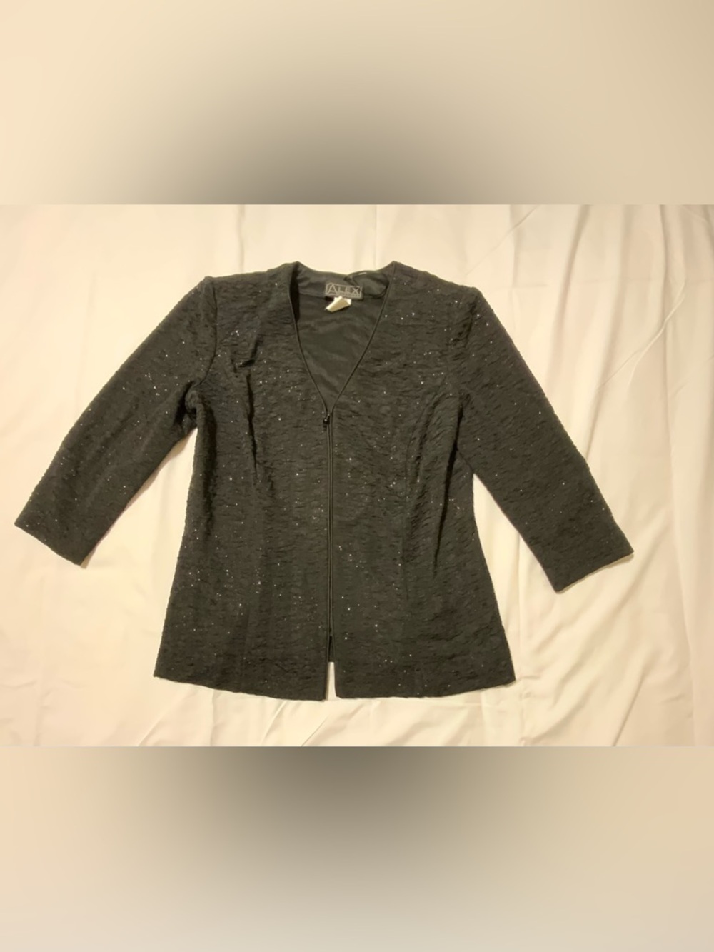 Alex Evenings Women’s Jacket Size Large Black Textured Shimmer Zip Front Evening